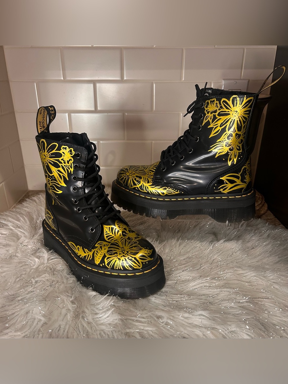 Dr. Martens Jadon Black Combat Boots Lugs Custom Design Patent Leather